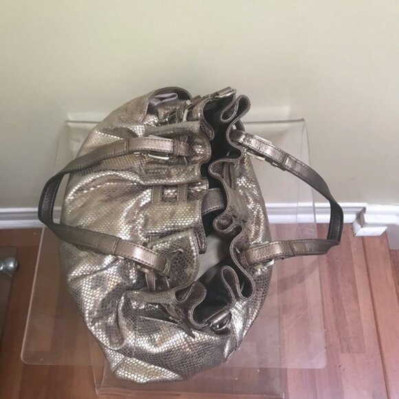 Michael Kors Leather Snake Print Gold Shoulder Hobo Bag Satchel Pockets Neutral - Picture 6 of 16